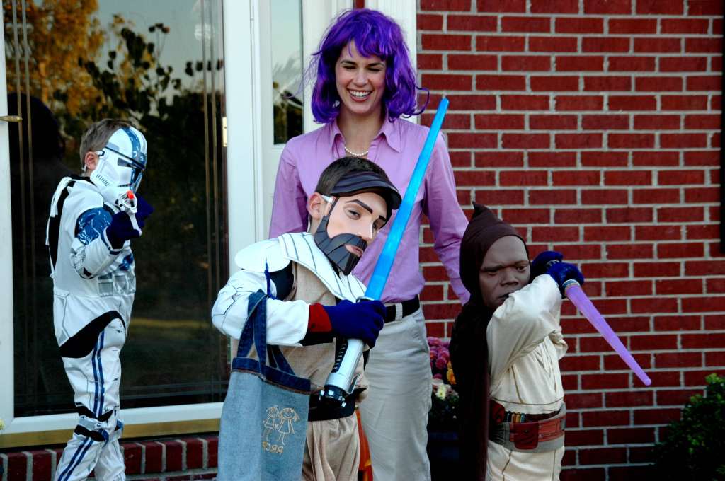 Me, the Mom in a purple wig! with my three little Jedis