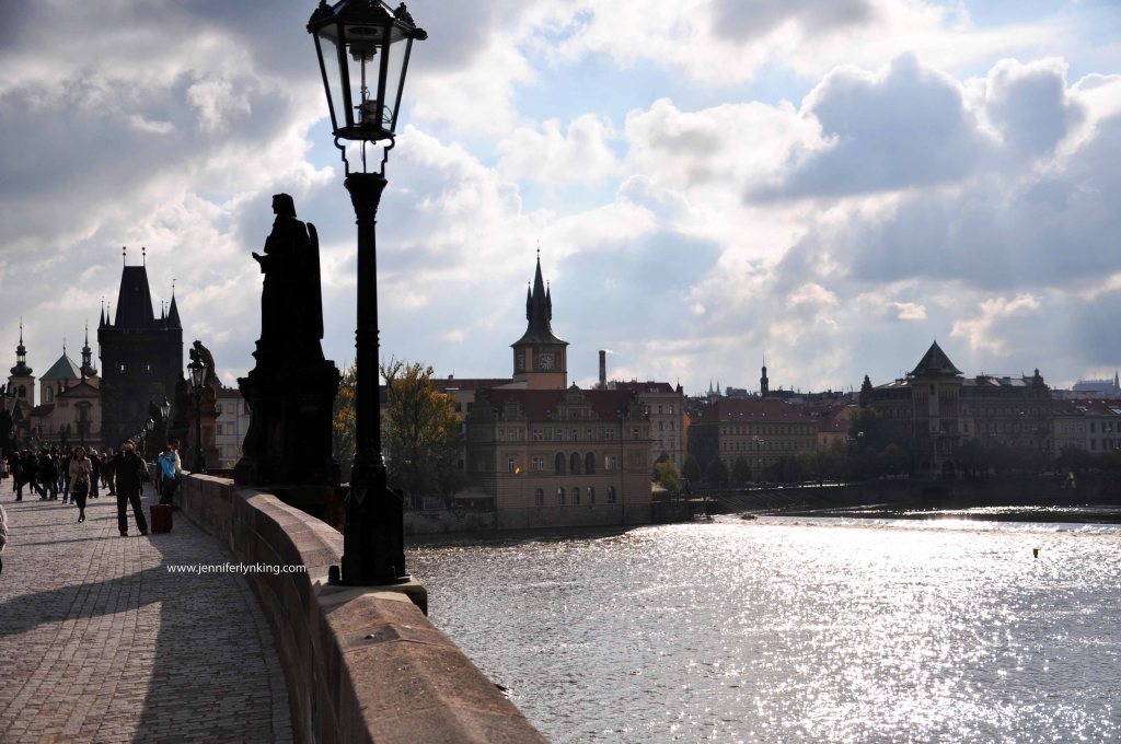 The view across Charles Bridge and the Vltava River, in Prague