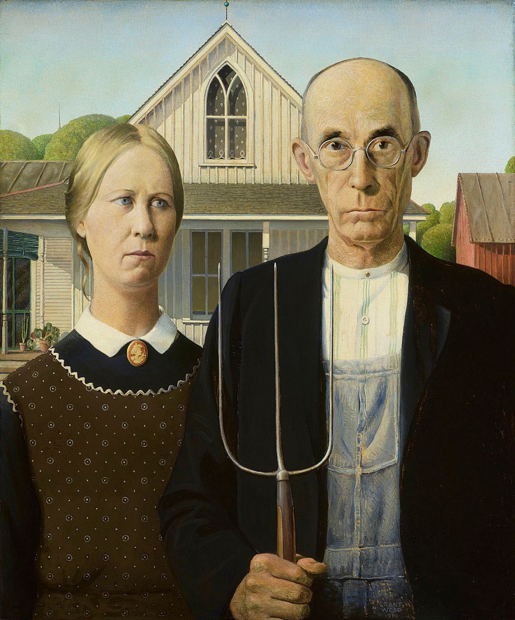 Grant Wood (1891-1942), American Gothic, 1930, oil on beaver board, 30 3/4 x 25 3/4 in. (78 x 65.3 cm), The Art Institute of Chicago, Friends of American Art Collection, 1930.934